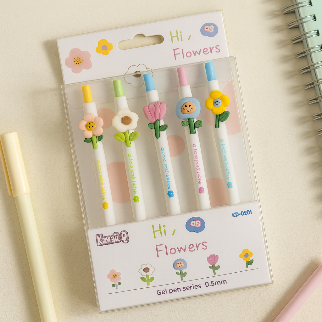 Kiwoo Hi-Flower Gel Pens 🌸🖊️ (Pack of 5) - KIQOO